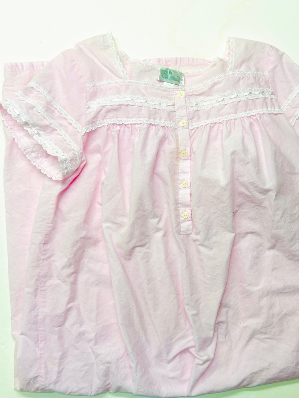 Vintage Character Light Pink Lace Ribbon Trim Nightgown Cotton Gown Chemise